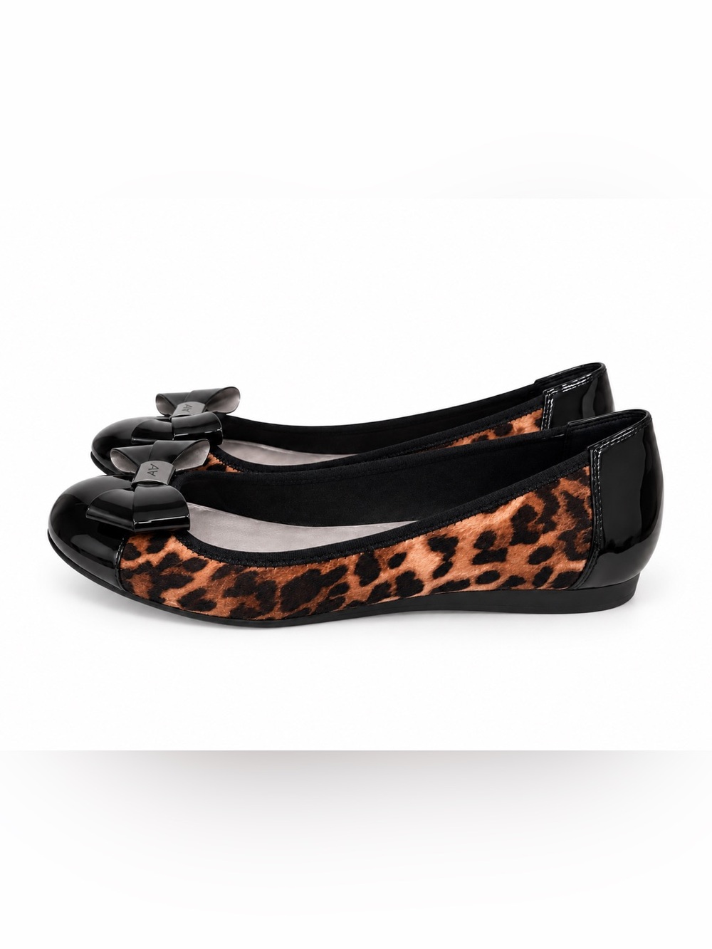 Anne Klein Sport Akalpha Leopard Print Velvet Ballet Flats Black Patent Bow Toe